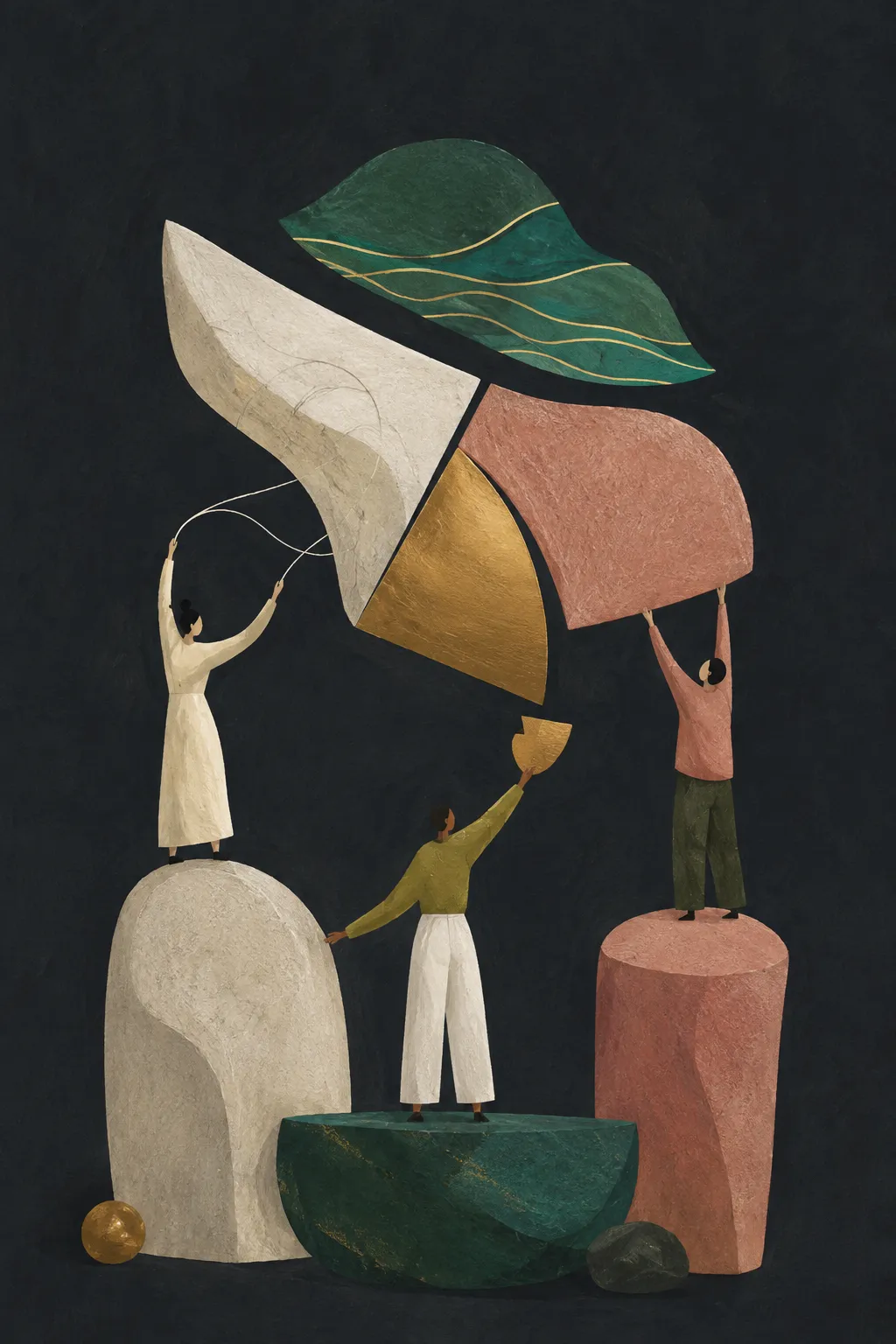 Three illustrated people raise separate sculptural pieces that meet to create one shared form.