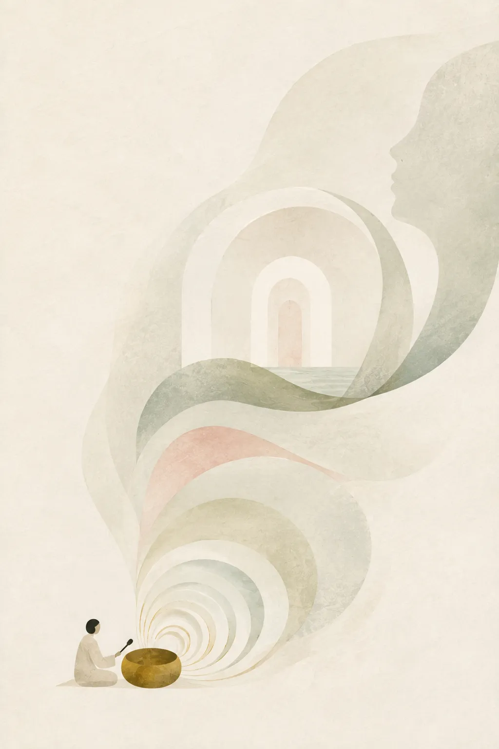 An illustrated musician plays a singing bowl as expanding sound forms reveal a face and an archway.