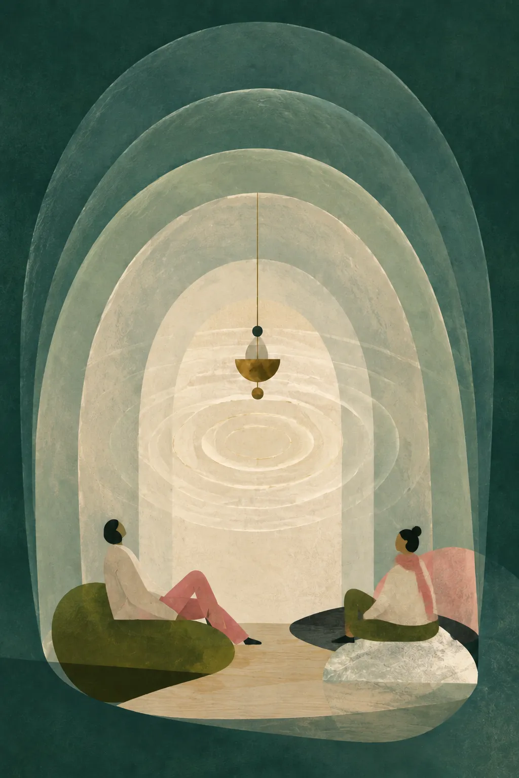 Two illustrated listeners sit within a layered resonant arch beneath a suspended bowl.