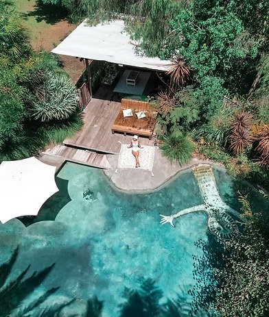 A turquoise pool and timber deck surrounded by dense greenery.