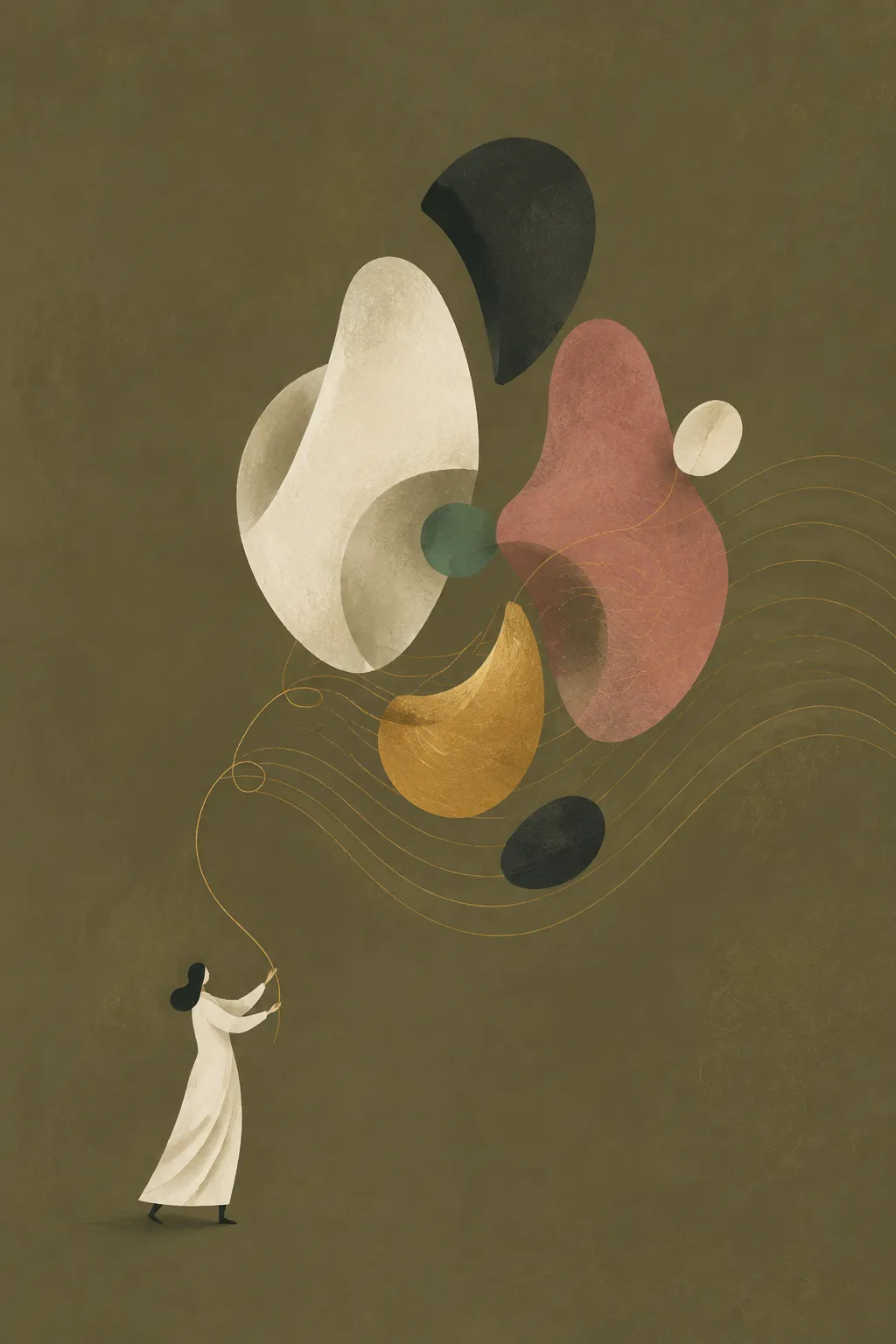 An illustrated figure draws resonant lines from floating abstract forms, representing original composition.