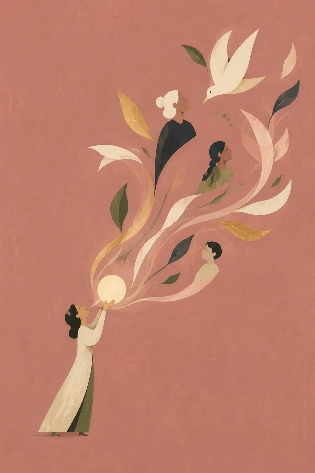 An illustrated singer releases flowing leaves, birds and human figures from a glowing orb, representing songs shared across generations.