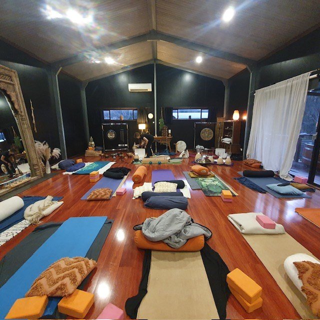 Bolsters and blankets prepared for listeners in the Premalaya studio.