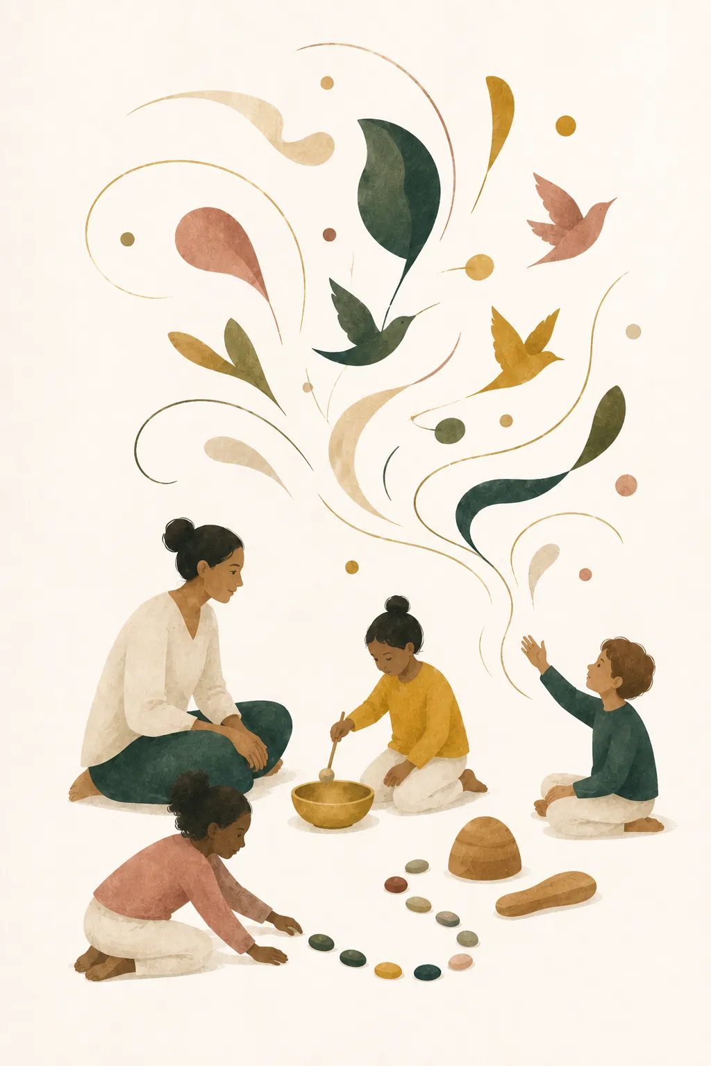 An illustrated educator and three children explore a singing bowl, stones, rhythm and bird-like sound forms.